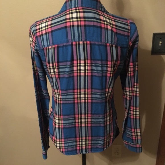 🎁2/$12 ABERCROMBIE & FITCH M COTTON BUTTON UP PINK, BLUE & YELLOW PLAID SHIRT - Picture 4 of 12